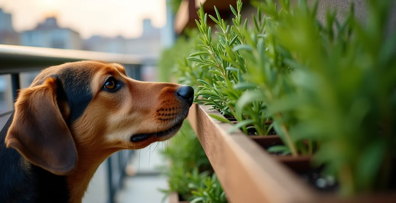 Dog exploring vertical herb garden with safe plants on apartment balcony
