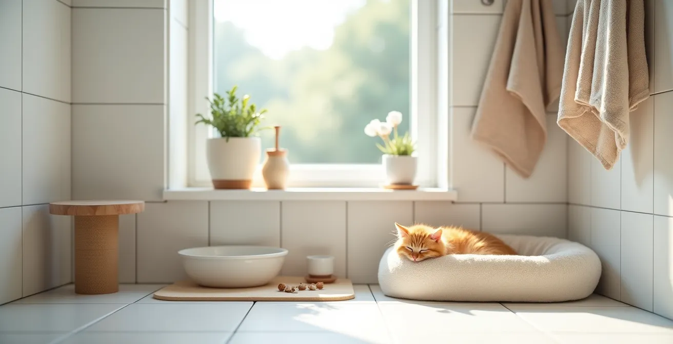 Cozy bathroom setup transformed into a safe foster kitten quarantine space