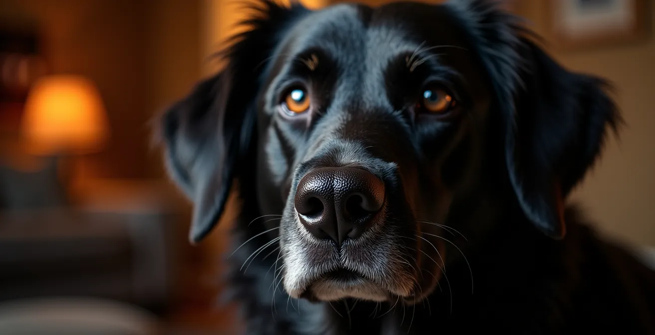 Close-up portrait of a black dog with soulful eyes resting in a cozy living room environment
