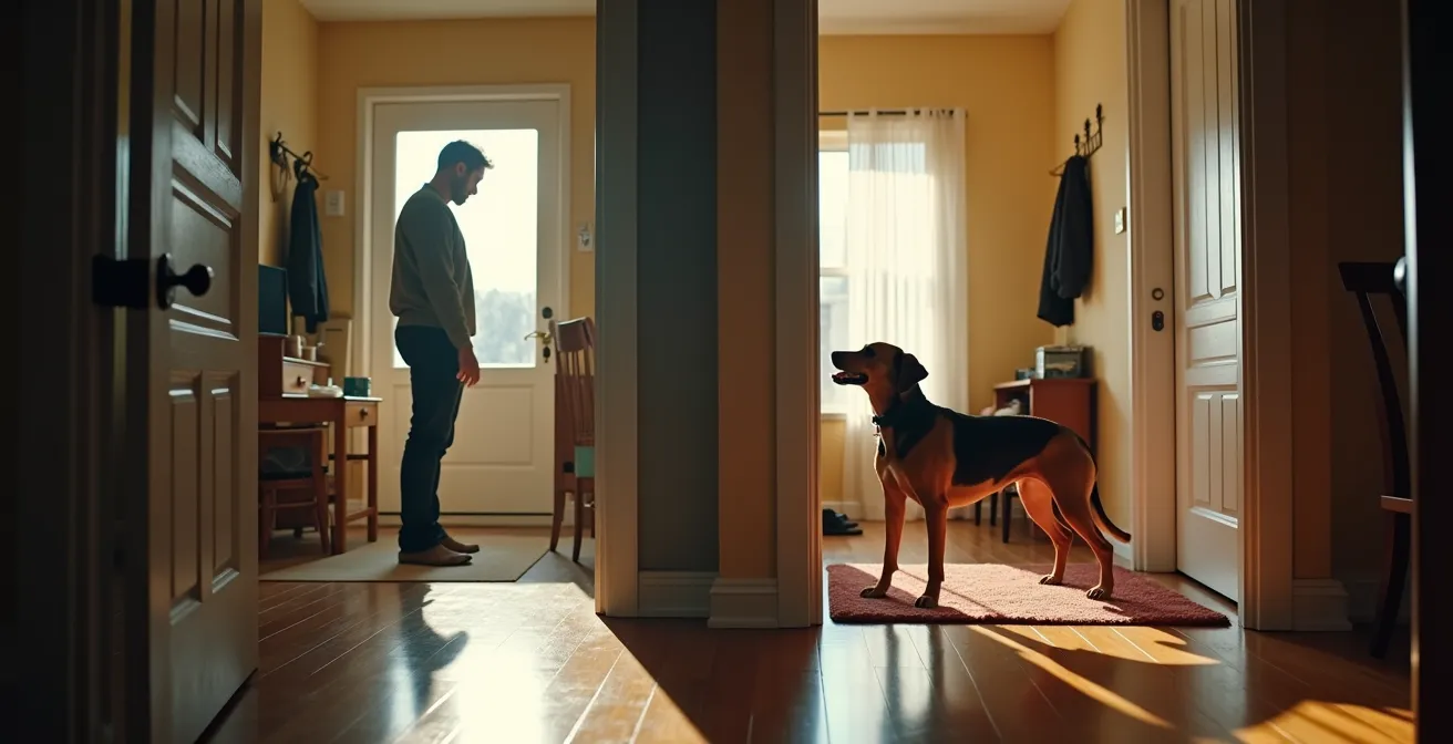 Owner entering home with sideways body posture while an excited dog gradually settles on a nearby mat