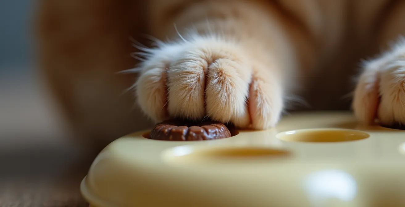 An extreme close-up of a cat's paw skillfully manipulating a puzzle feeder, demonstrating focused mental engagement.