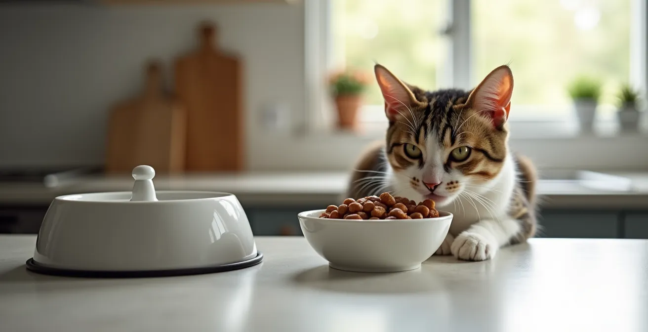 A cat contentedly eating from a bowl of wet food, with a ceramic water fountain visible in the soft-focus background.