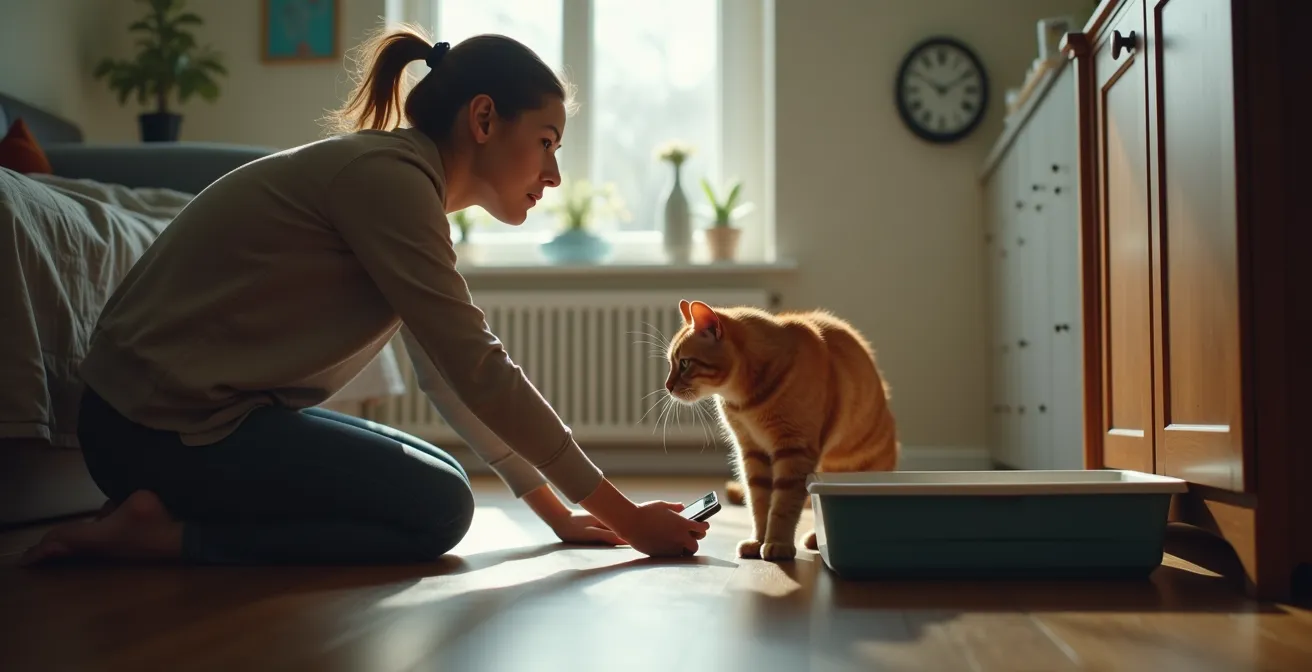 Concerned owner observing distressed cat near litter box showing signs of straining