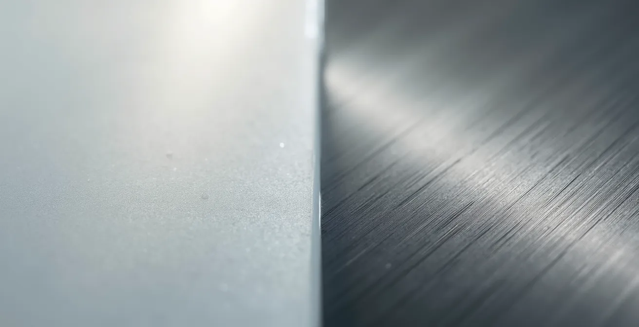 Macro shot comparing the smooth surface of ceramic to the brushed texture of a stainless steel fountain