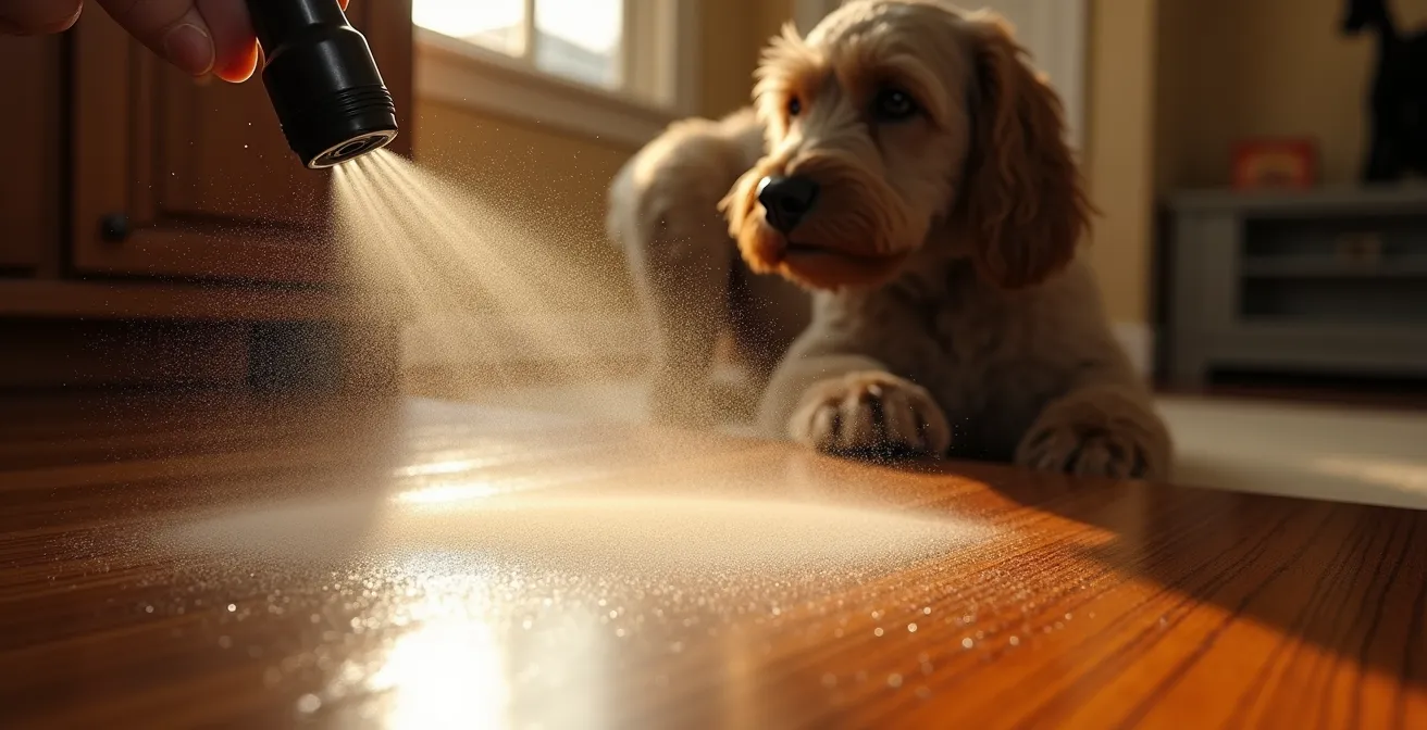 Macro shot of deterrent spray being applied to wooden furniture surface