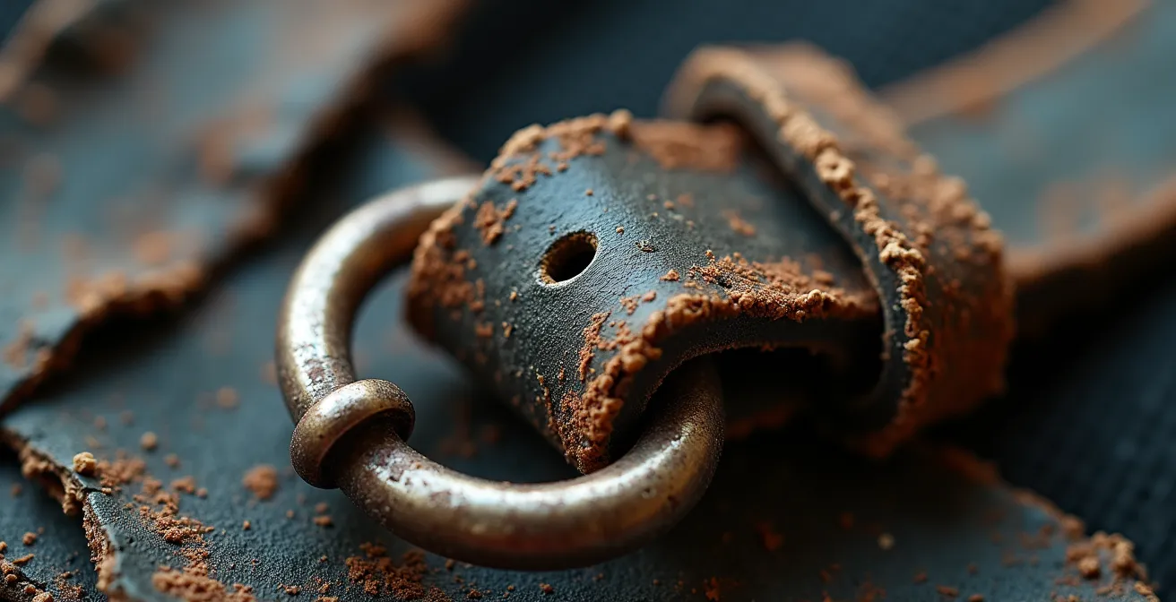 Extreme close-up of collar buckle showing wear signs and stress points