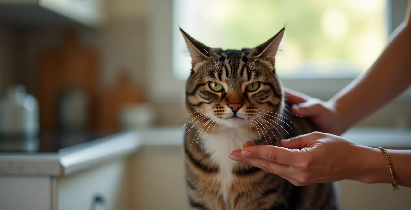 Cat receiving insulin injection with positive reinforcement treat