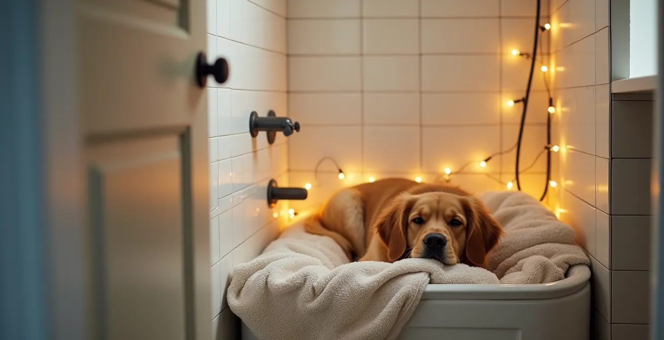 Cozy makeshift dog den created with blankets, mattress, and soft lighting in a corner of a room