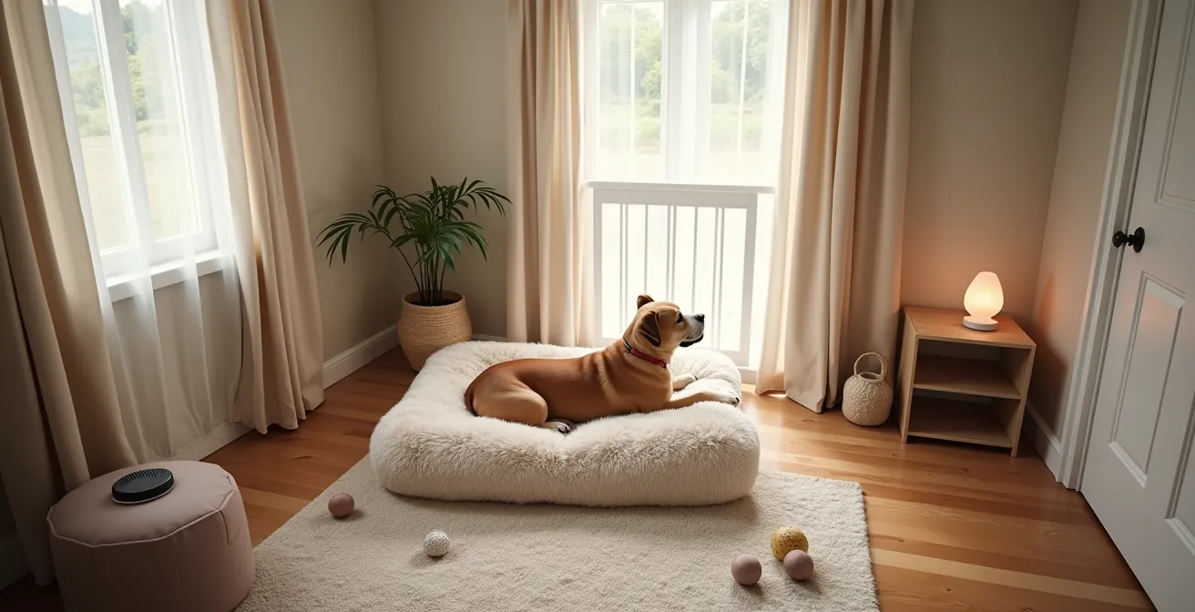 A cozy room setup designed as a calming sanctuary for anxious dogs with various comfort elements