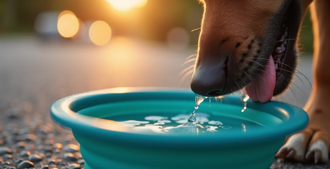 Close-up macro shot of a dog's tongue lapping water from a collapsible travel bowl at a highway rest area