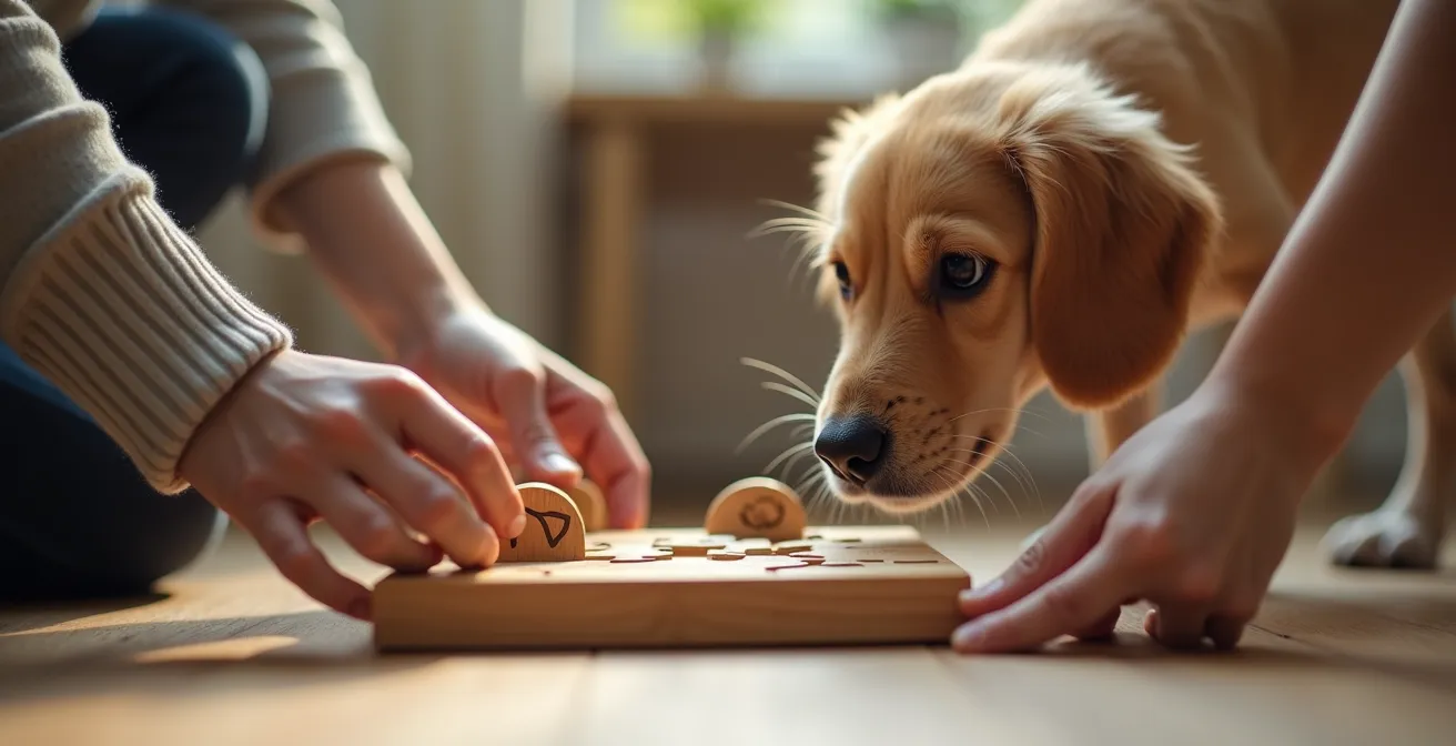 Dog successfully completing a simple puzzle toy with owner guidance, demonstrating the errorless learning method.