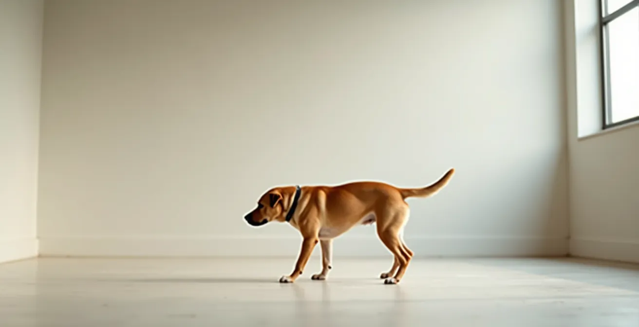 Wide shot of a tense dog showing freeze response with stiff posture in a spacious room