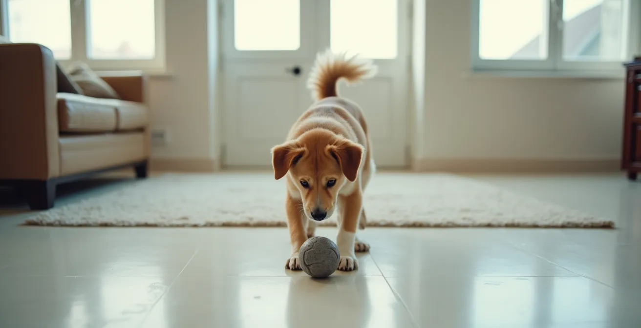 Wide shot of a dog in frozen stance over a toy showing tense body language