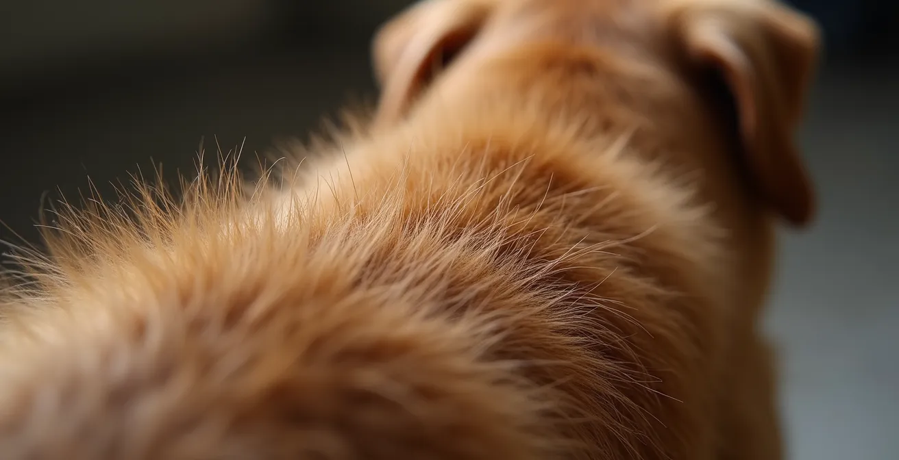 Close-up photograph of a dog's back showing raised hackles along the spine
