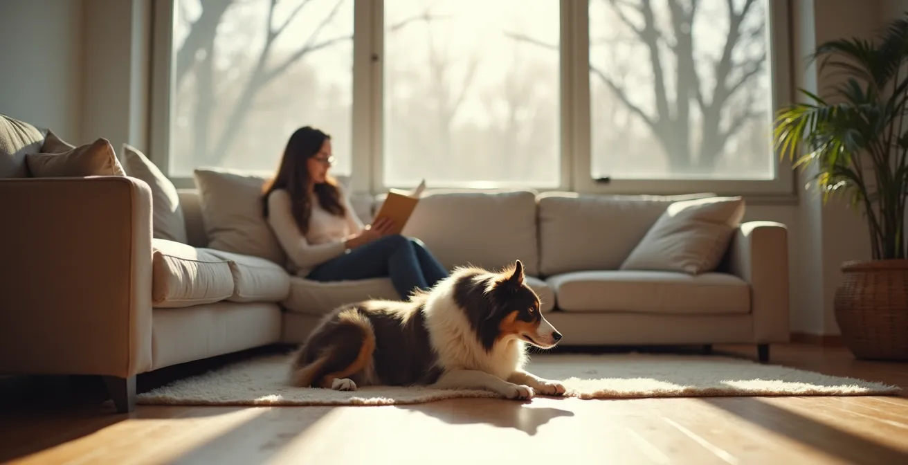 Person holding keys casually while sitting on couch, a relaxed border collie nearby ignoring the keys completely