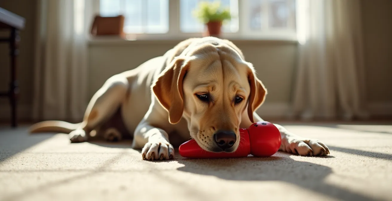 Relaxed dog engaged with frozen Kong toy in peaceful home setting