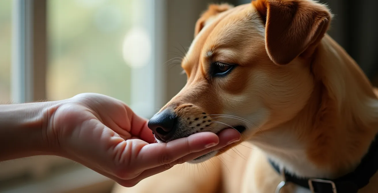 Close-up of a relaxed dog leaning into gentle human touch showing positive consent signals