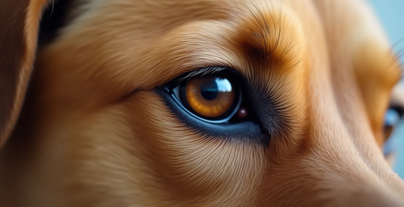 Extreme close-up of a dog's relaxed 'soft eye' showing almond-shaped pupil and gentle expression