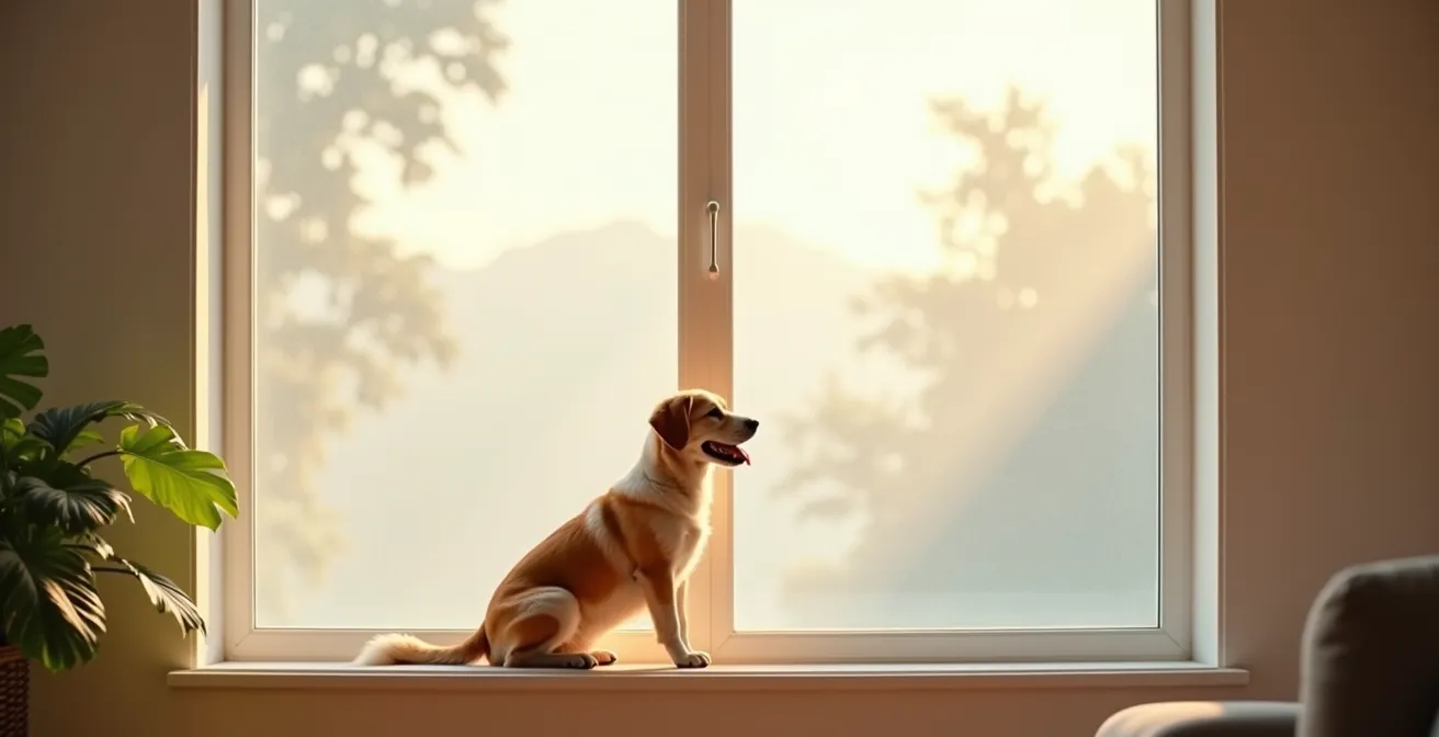 Window with semi-transparent film showing a blurred outdoor view, with a calm dog resting nearby.