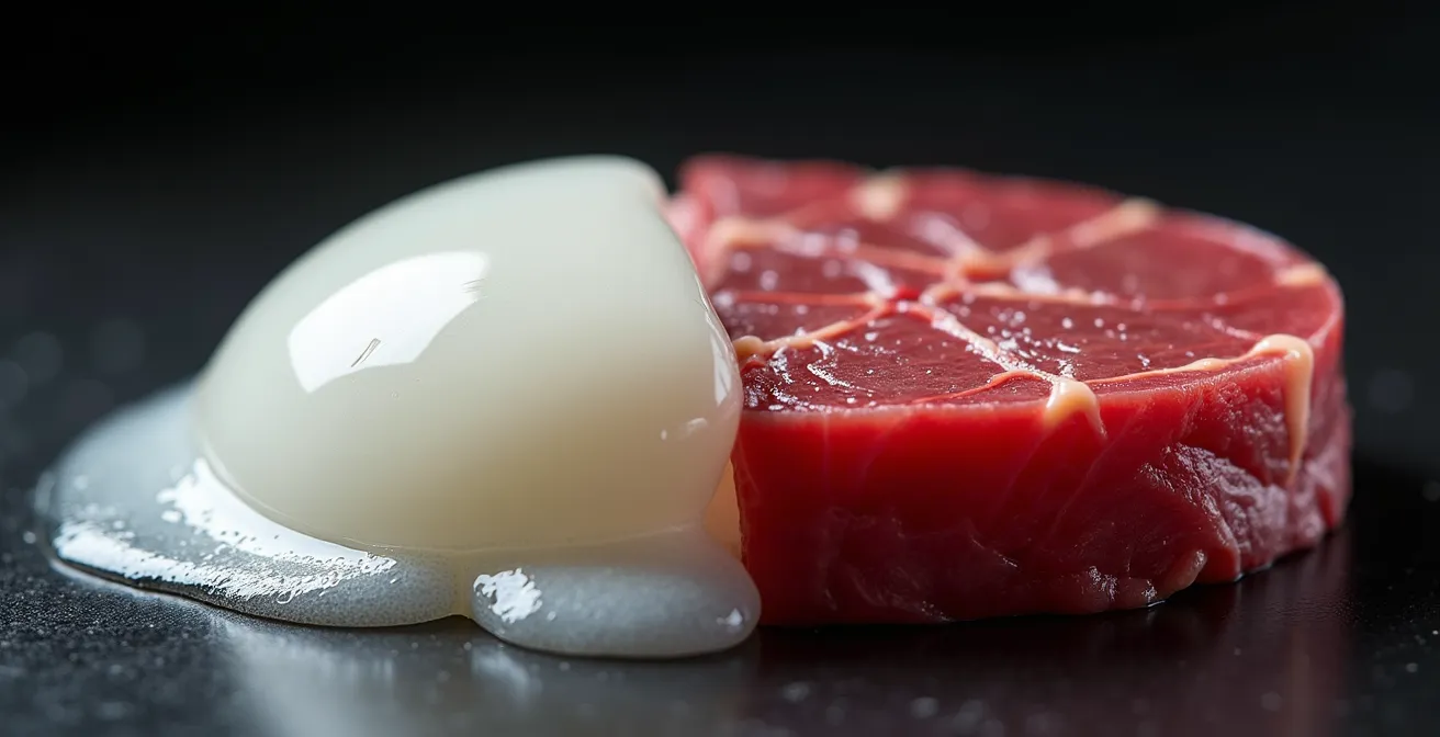 Macro shot showing egg proteins and beef muscle fibers side by side