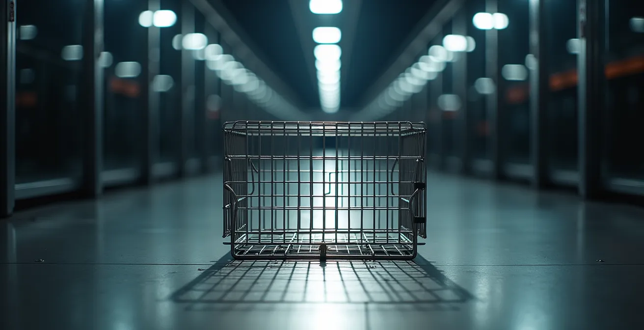 Empty cage in pet store with reflection showing multiple cages behind