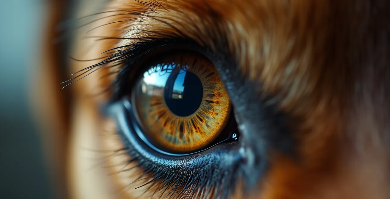 Macro shot of a dog's eye reflecting an empty, sterile room environment, symbolizing environmental neglect.