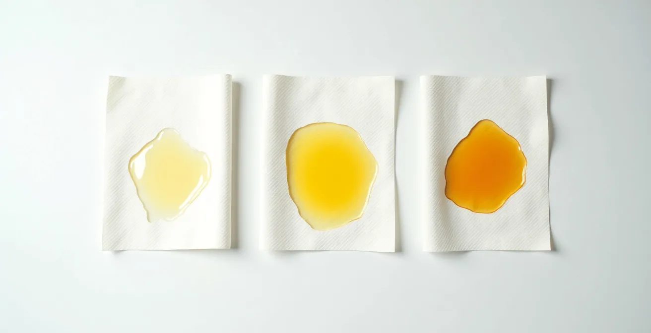 A visual test showing three drops of fish oil on a paper towel, ranging from clear to yellow, indicating levels of oxidation.