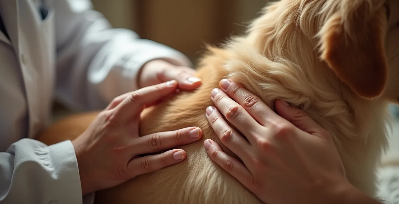 Close-up of hands performing gentle diagnostic massage on large breed puppy