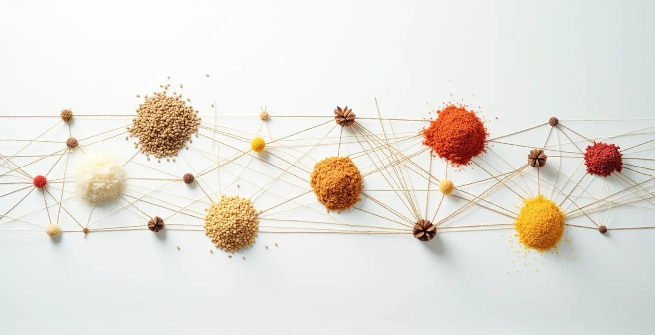 Abstract visualization of global pet food supply chain with interconnected nodes