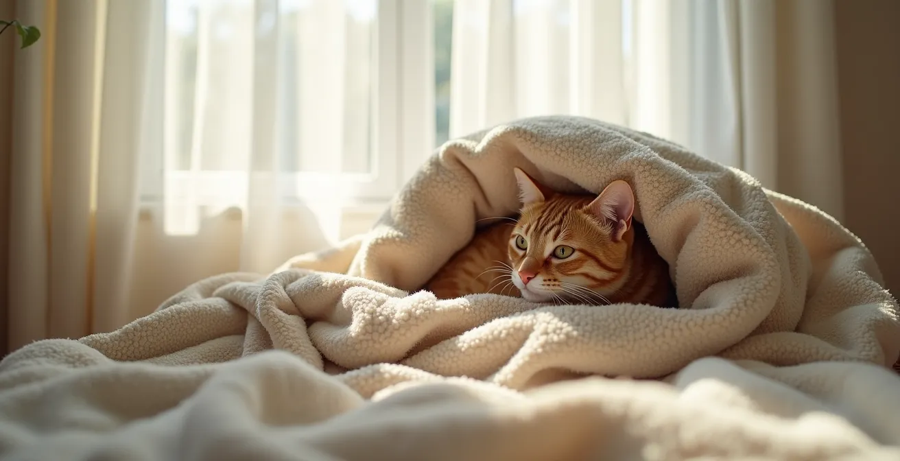 A cat finding comfort curled up on a blanket that carries its owner's scent, a method of anxiety relief.