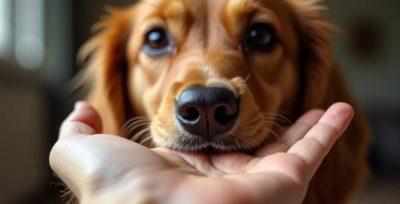 Close-up of a rescue dog's nose approaching an outstretched human hand for targeting training