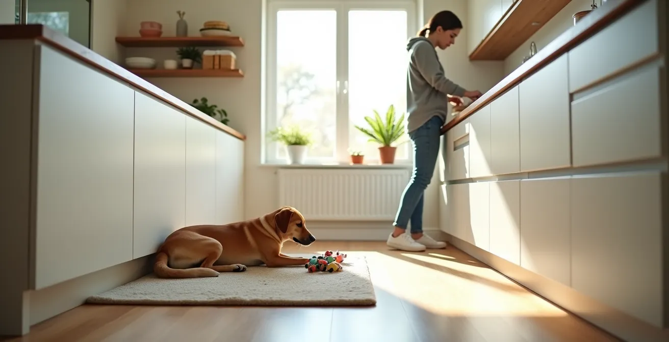 Wide angle view of modern kitchen showing dog peacefully settled on designated mat area while owner prepares food