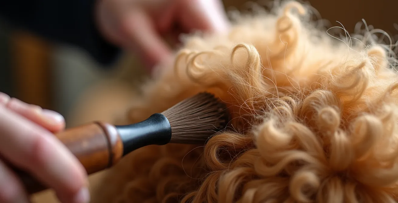 Close-up view of proper line brushing technique on a doodle's curly coat showing brush angle and sectioning method