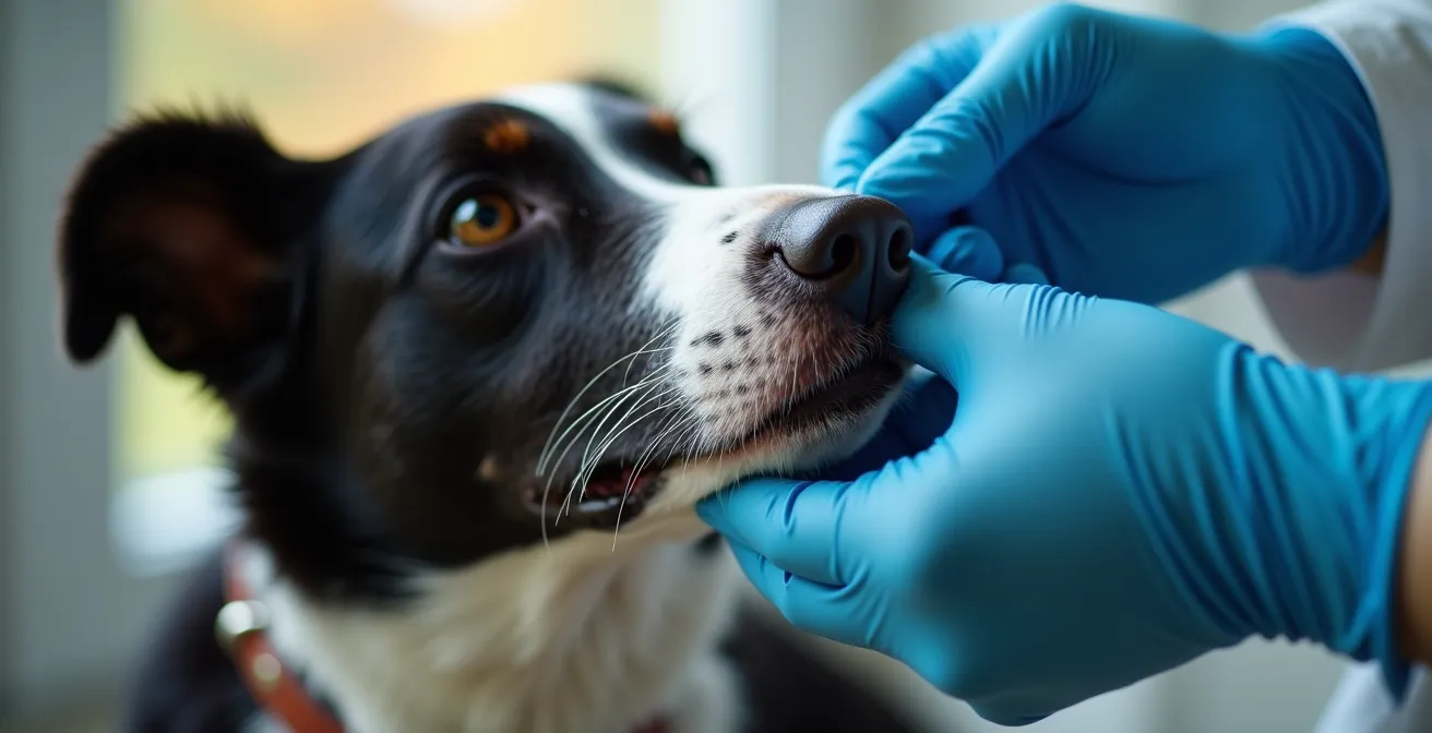 Close-up of veterinary hands palpating lymph nodes on a dog's neck area