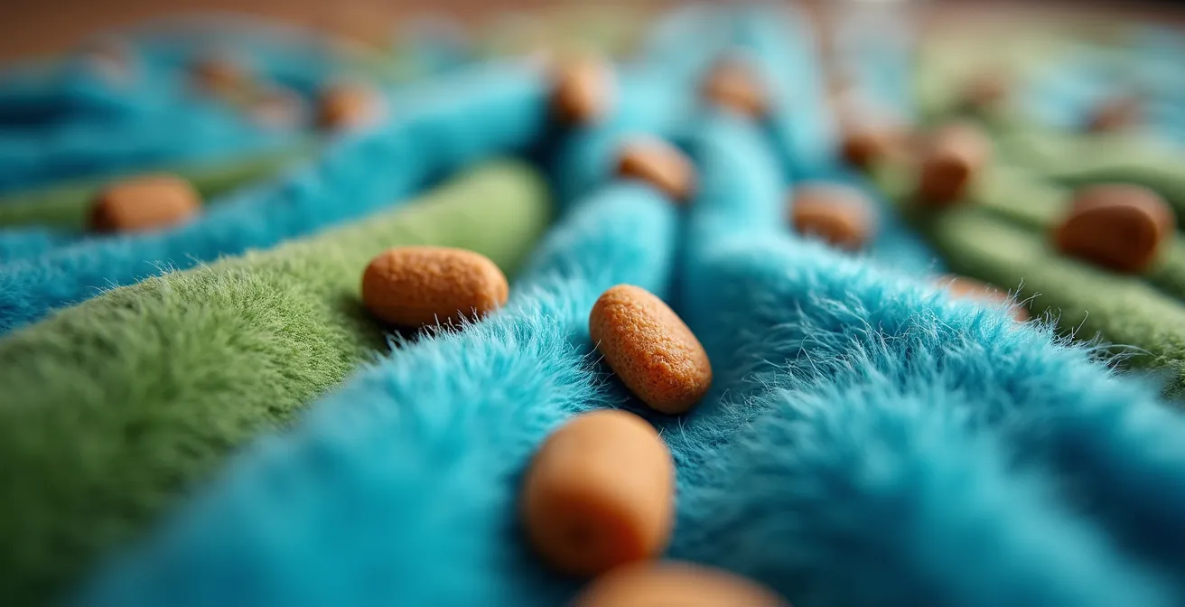 Extreme close-up of a snuffle mat showing various textures and hidden kibble pieces