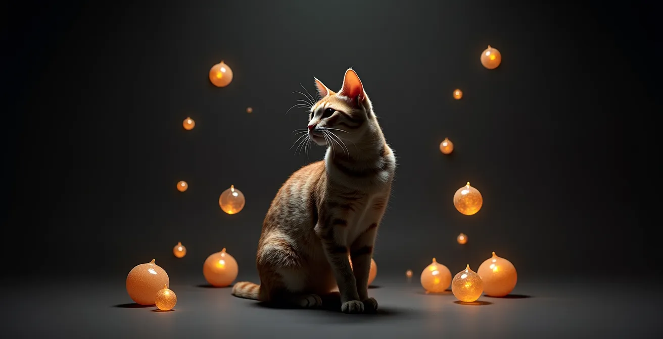 Cat surrounded by essential nutrients only found in animal protein