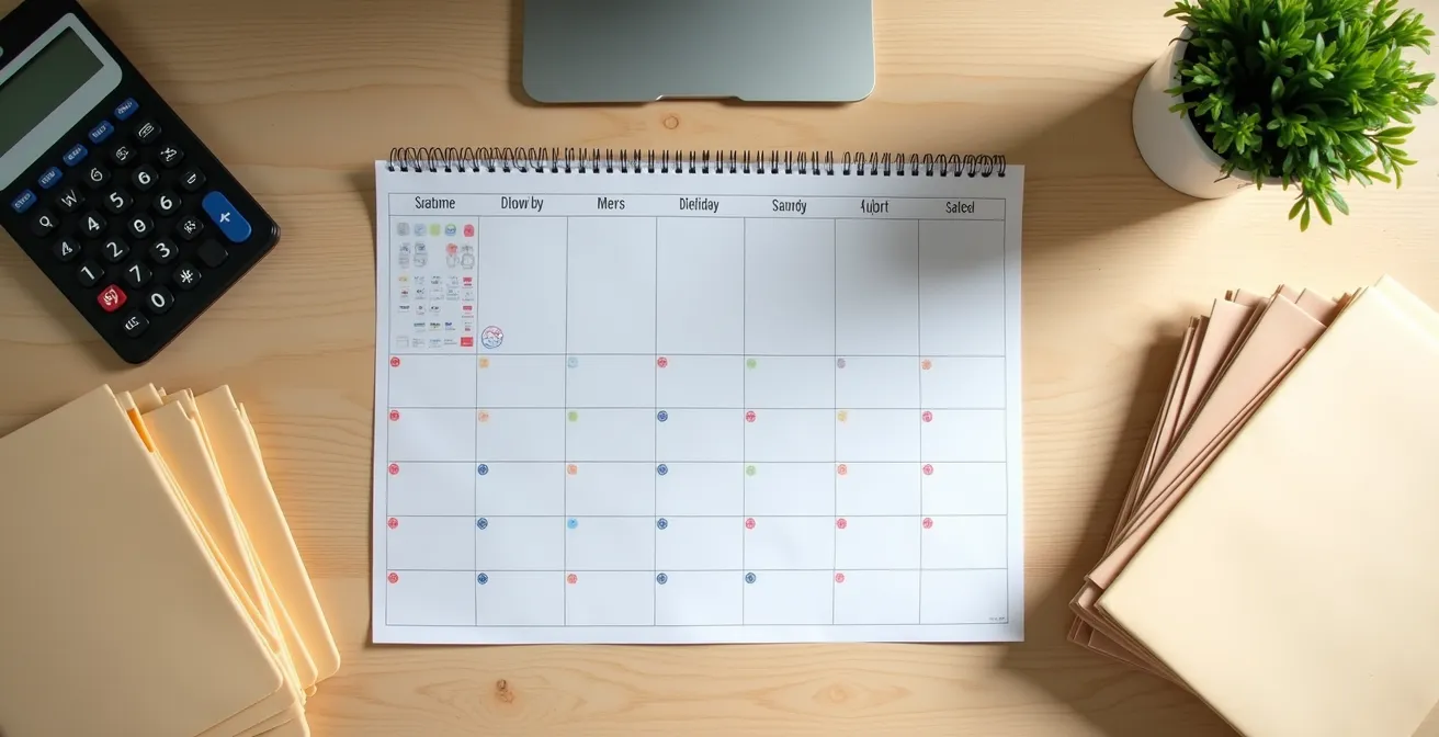 Wide shot of home office desk with pet wellness calendar and health tracking documents
