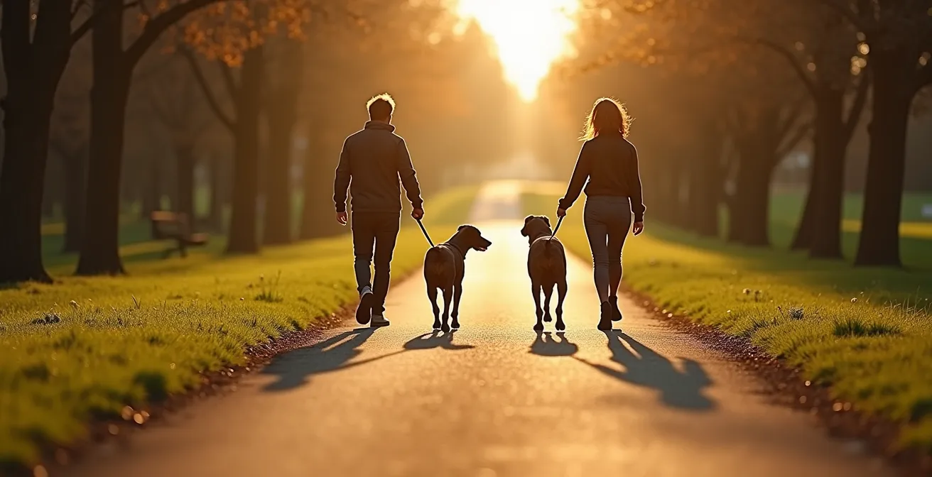 Two dogs walking parallel on wide trail with handlers maintaining safe distance
