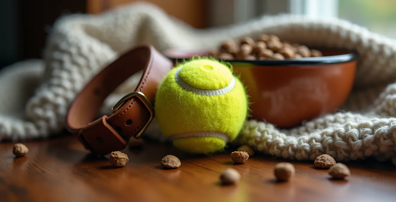 Close-up macro shot of pet essentials including collar, toys, and comfort items arranged thoughtfully