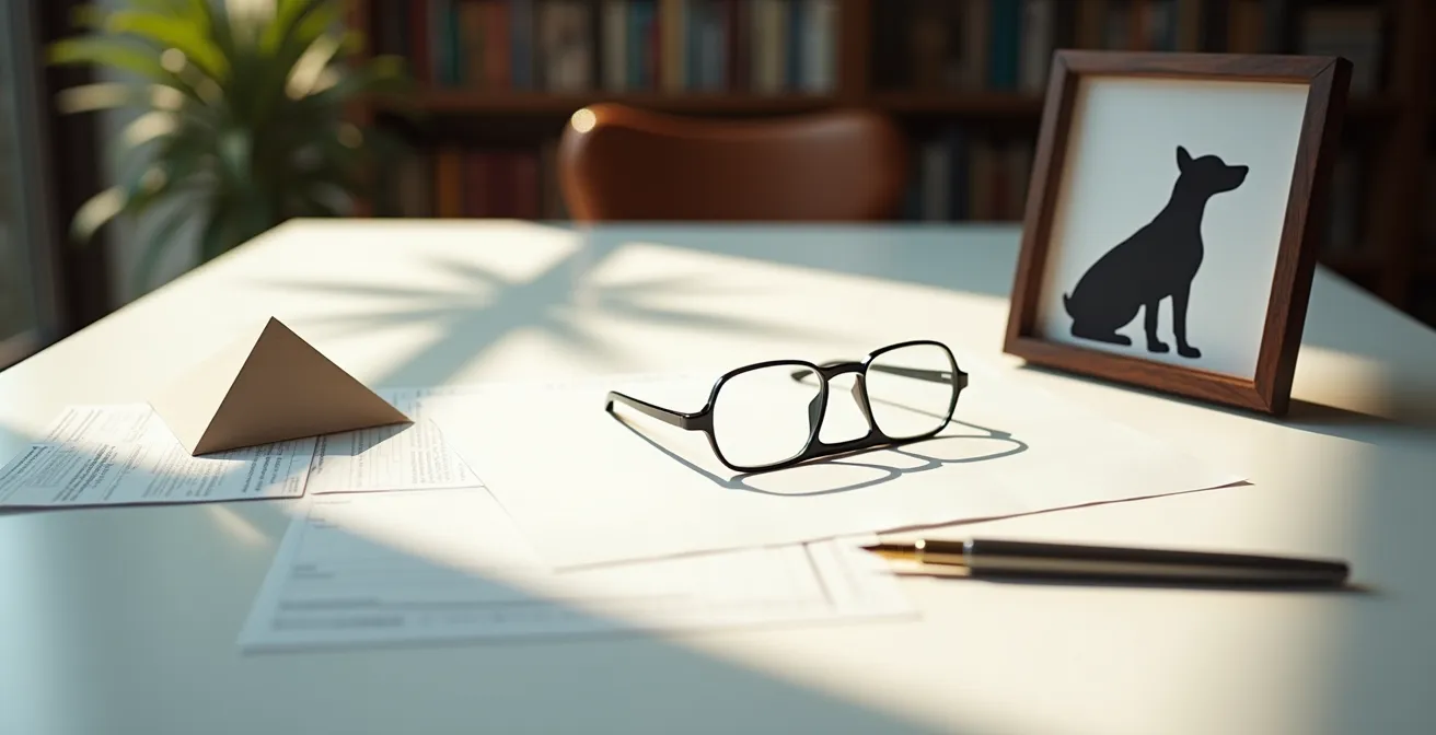 Wide shot of a serene home office desk with scattered planning materials suggesting estate planning for a pet.