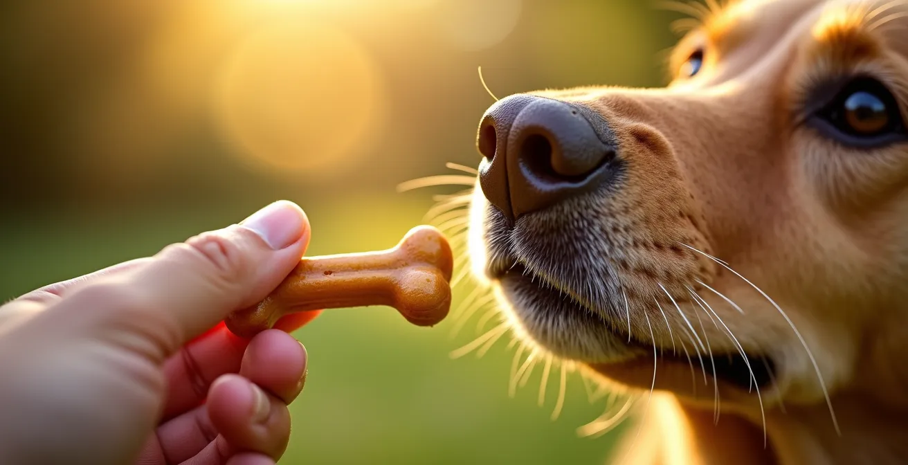 Close-up of an owner's hand offering a treat to an attentive dog during a positive reinforcement training session.