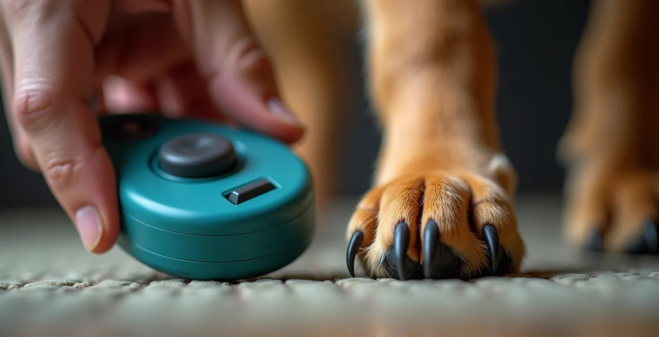 Extreme close-up of hand holding clicker at exact moment dog's paw touches target, showing split-second timing