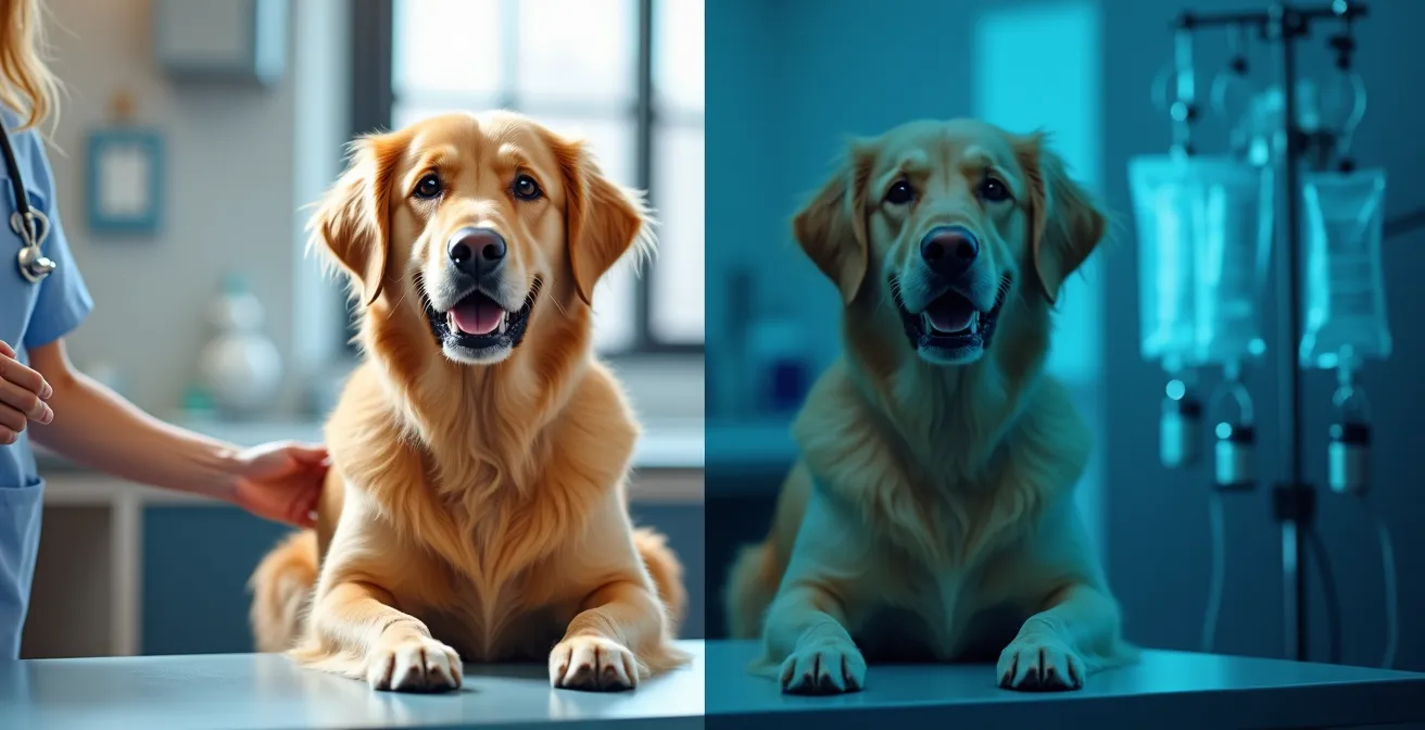 Split scene showing healthy pet at routine checkup versus emergency veterinary situation