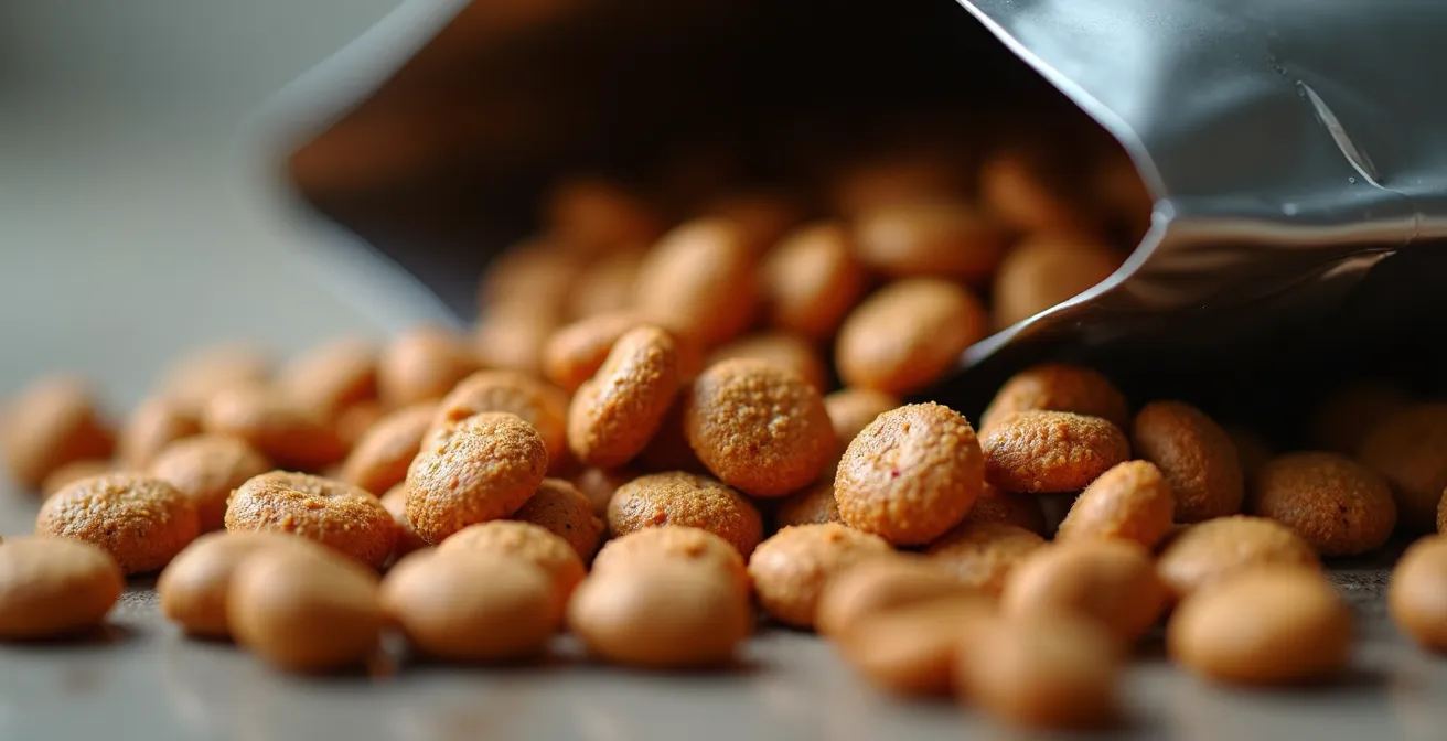 Demonstration of proper kibble storage with the original bag placed inside an airtight container