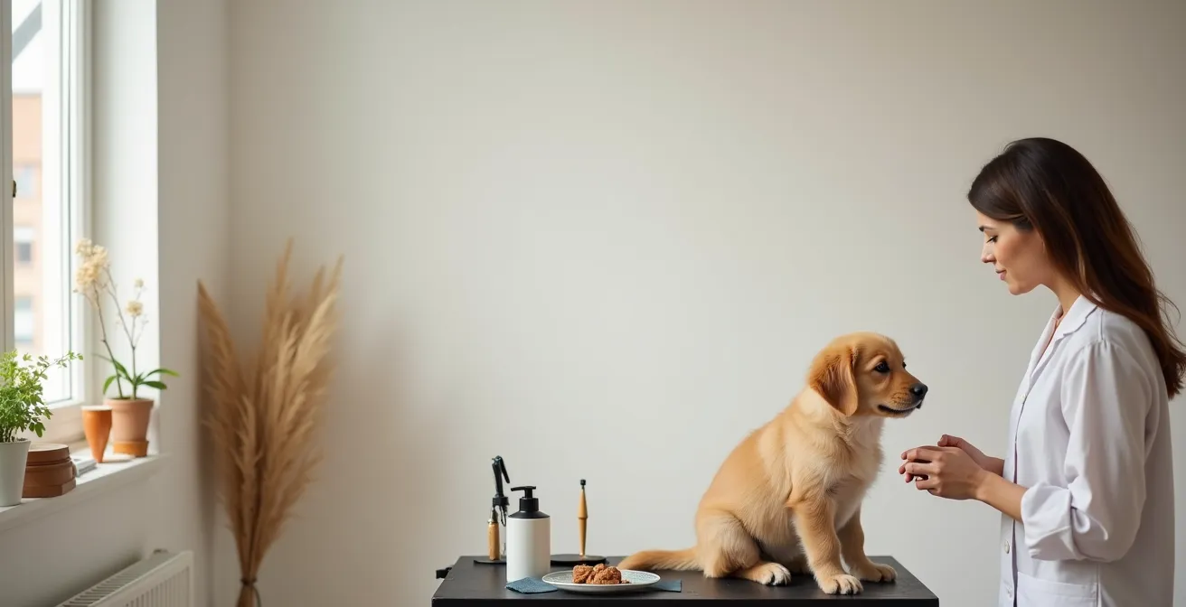 Young puppy experiencing first grooming session with treats and gentle introduction to grooming tools