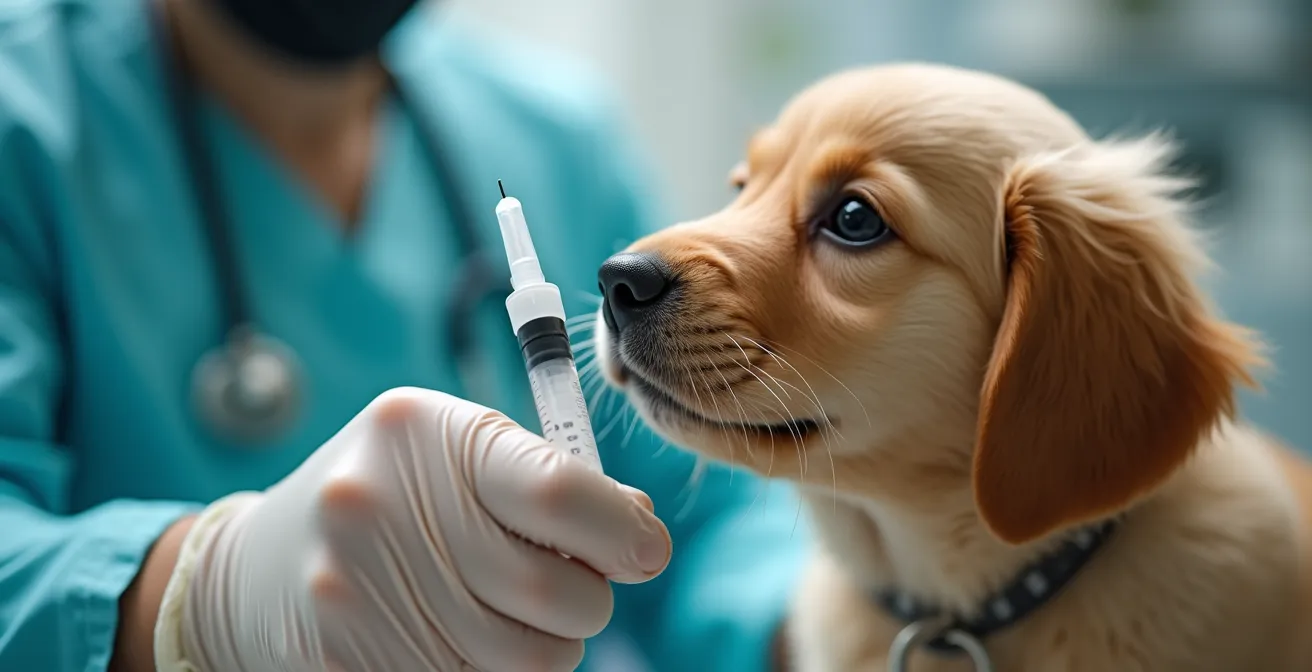 Macro close-up of a veterinary syringe near the fur of a golden retriever puppy during a vaccination.
