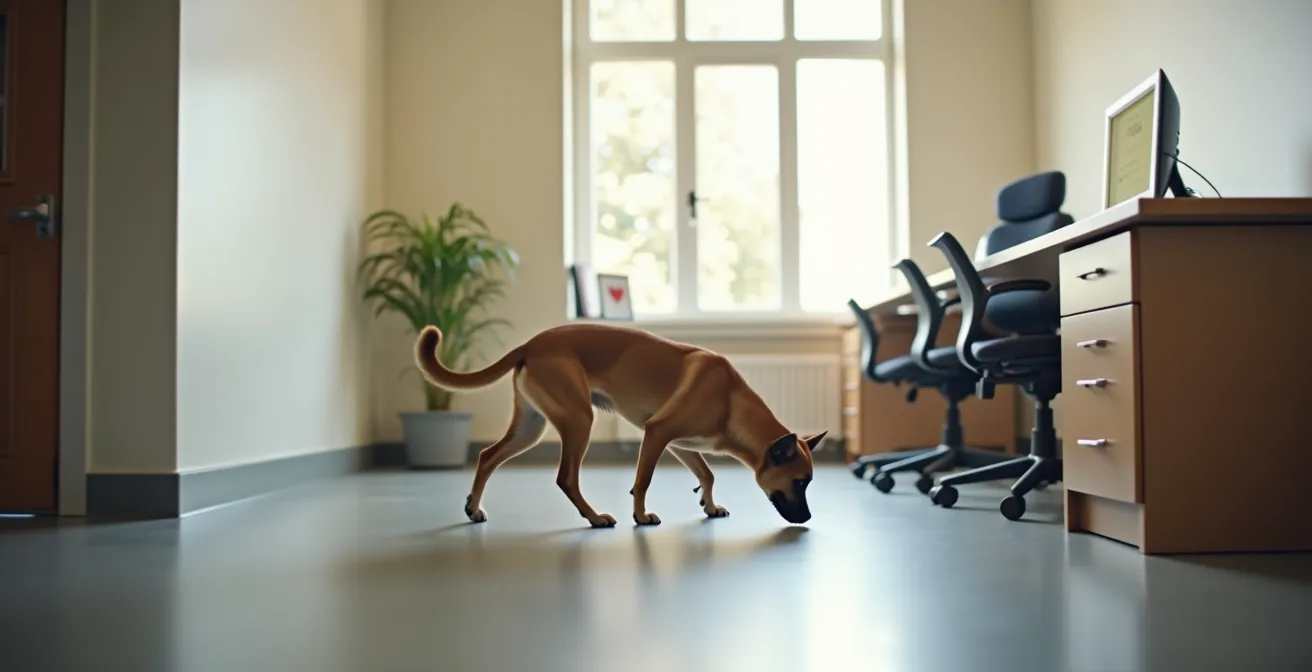 Dog being observed in a calm shelter office environment away from kennels