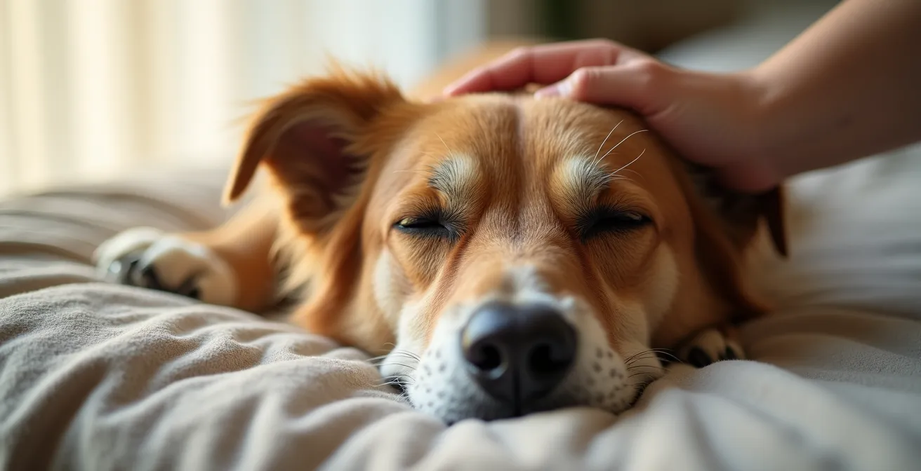 Senior dog resting comfortably in home environment with care items