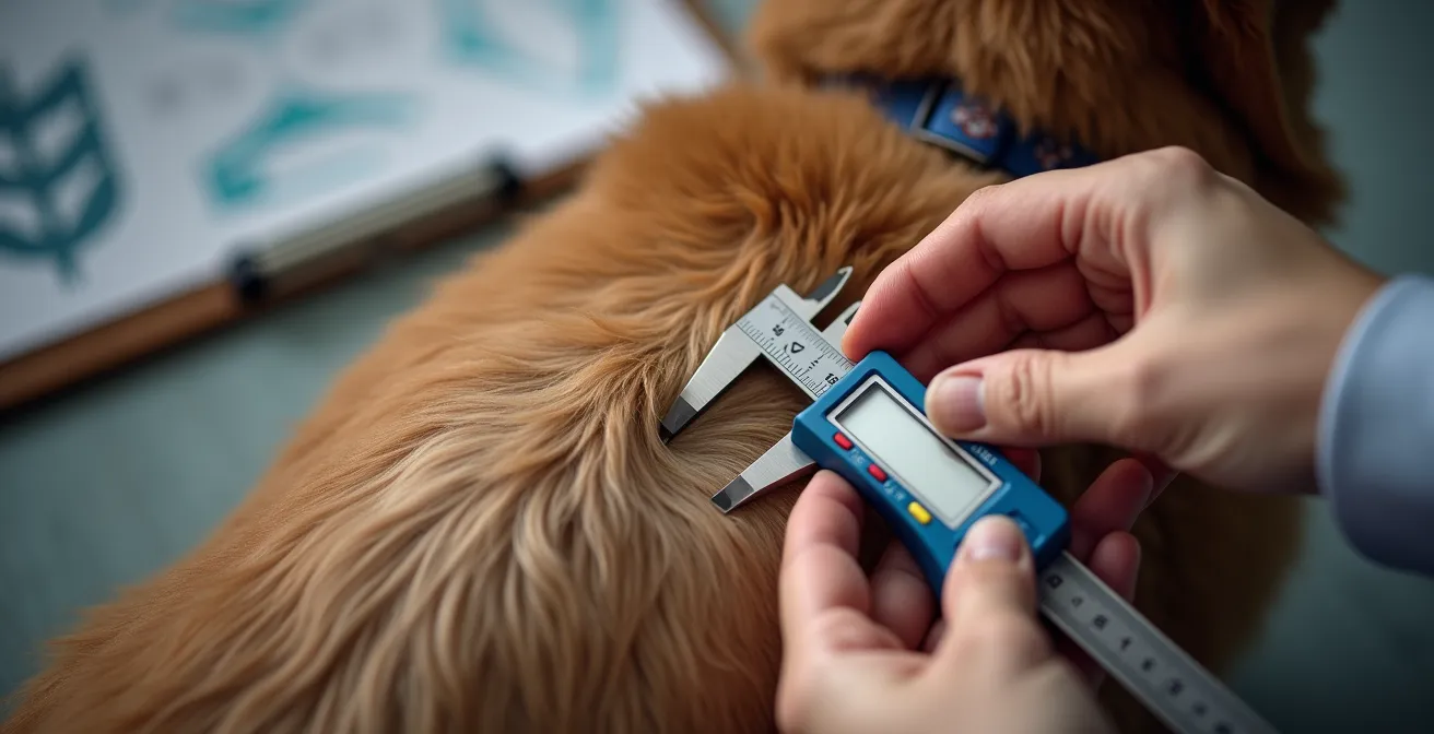 A close-up of hands using a caliper tool to measure a lump on a senior dog's flank.