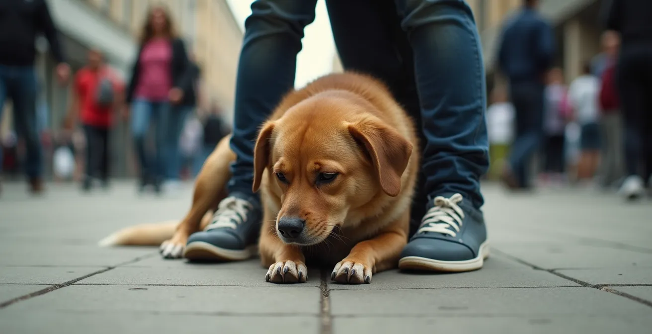Wide shot of a rescue dog showing shutdown body language in an overwhelming public space